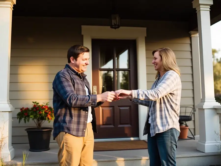 Couple exchanging house keys on a front porch after closing