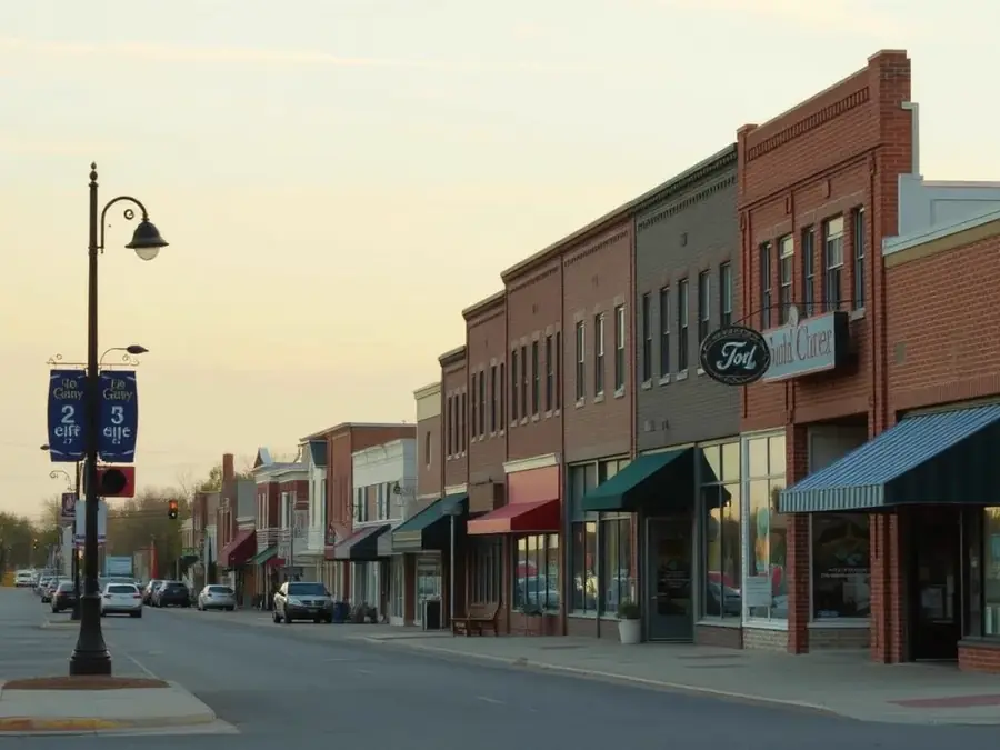 Downtown storefronts along a small-town main street